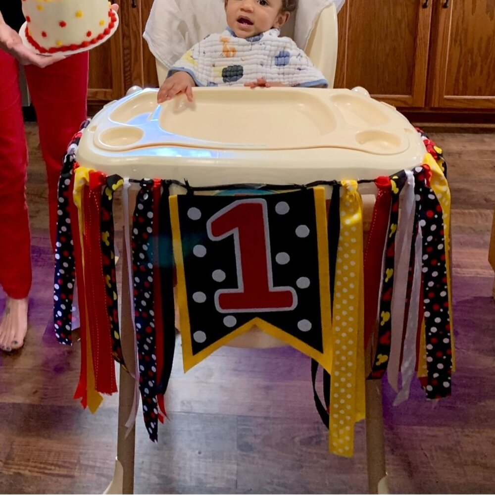 Homemade First Birthday Highchair Black, Red, White, and Yellow Ribbon Sign